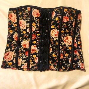 Papaya Floral Lace-Up Corset Top in Navy with Pink Roses